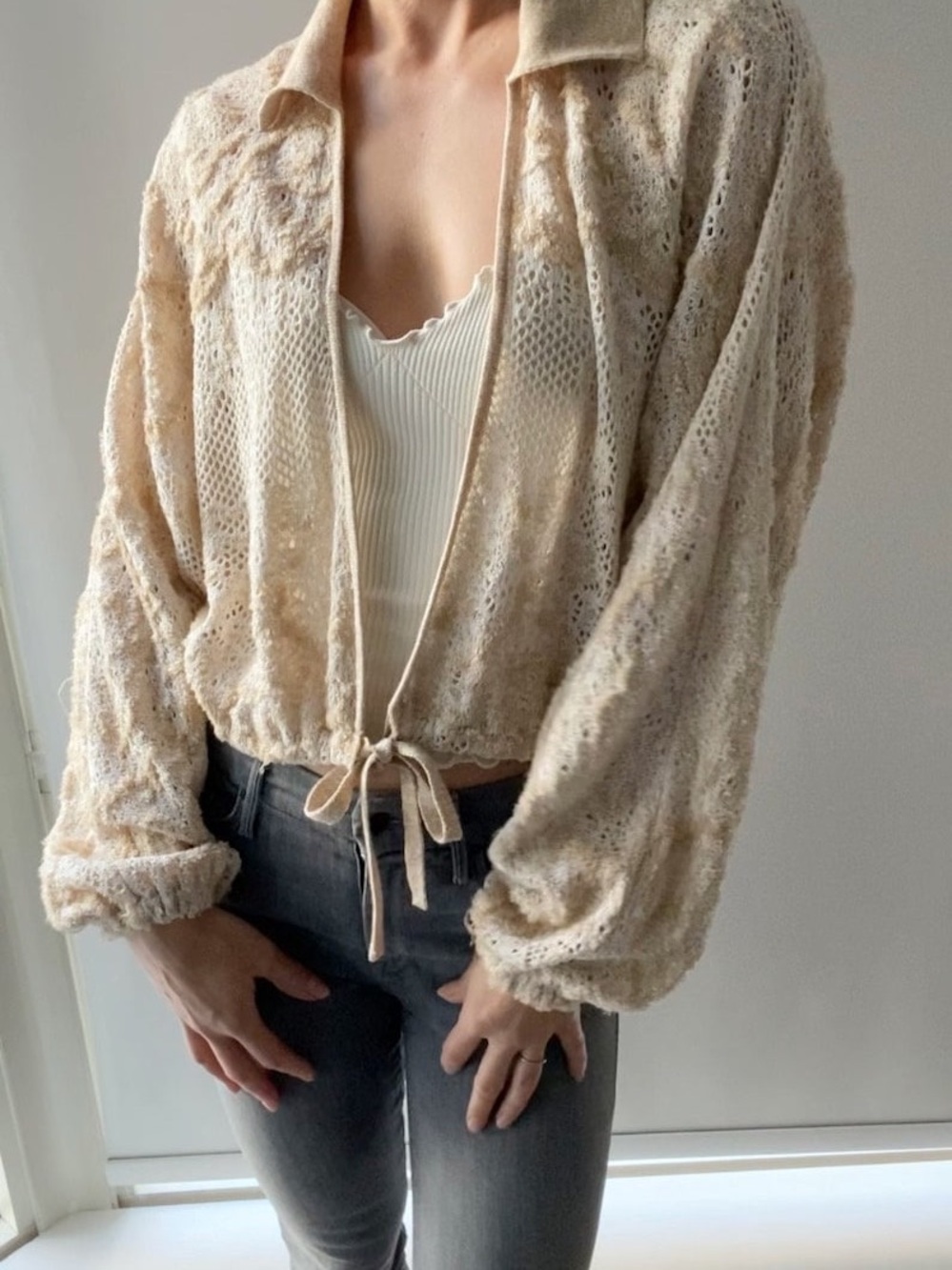 Anthropologie Low V Neckline- Crochet Cardigan- Closure Front Tie- Size M/L